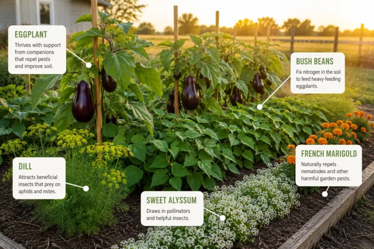 Eggplant row interplanted with bush beans, dill, sweet alyssum, and marigolds, with labels showing the job each companion does in the bed