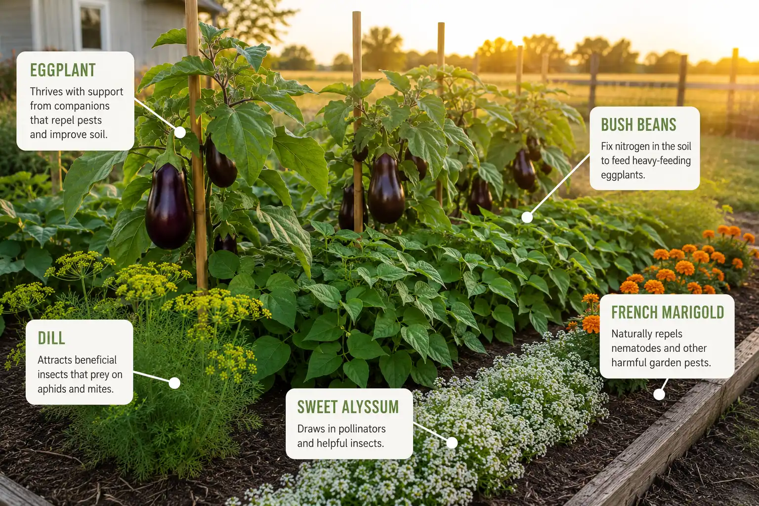 Eggplant row interplanted with bush beans, dill, sweet alyssum, and marigolds, with labels showing the job each companion does in the bed
