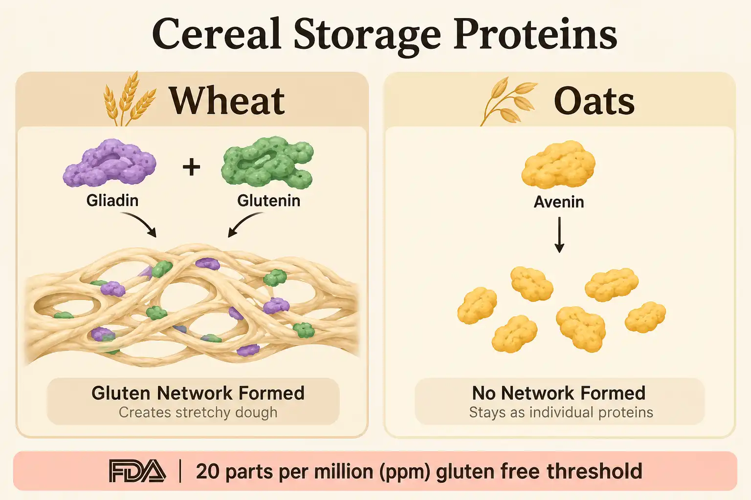 Wheat proteins gliadin and glutenin link into a stretchy gluten network while oat avenin forms no network, with the FDA 20 parts per million gluten free limit marked below