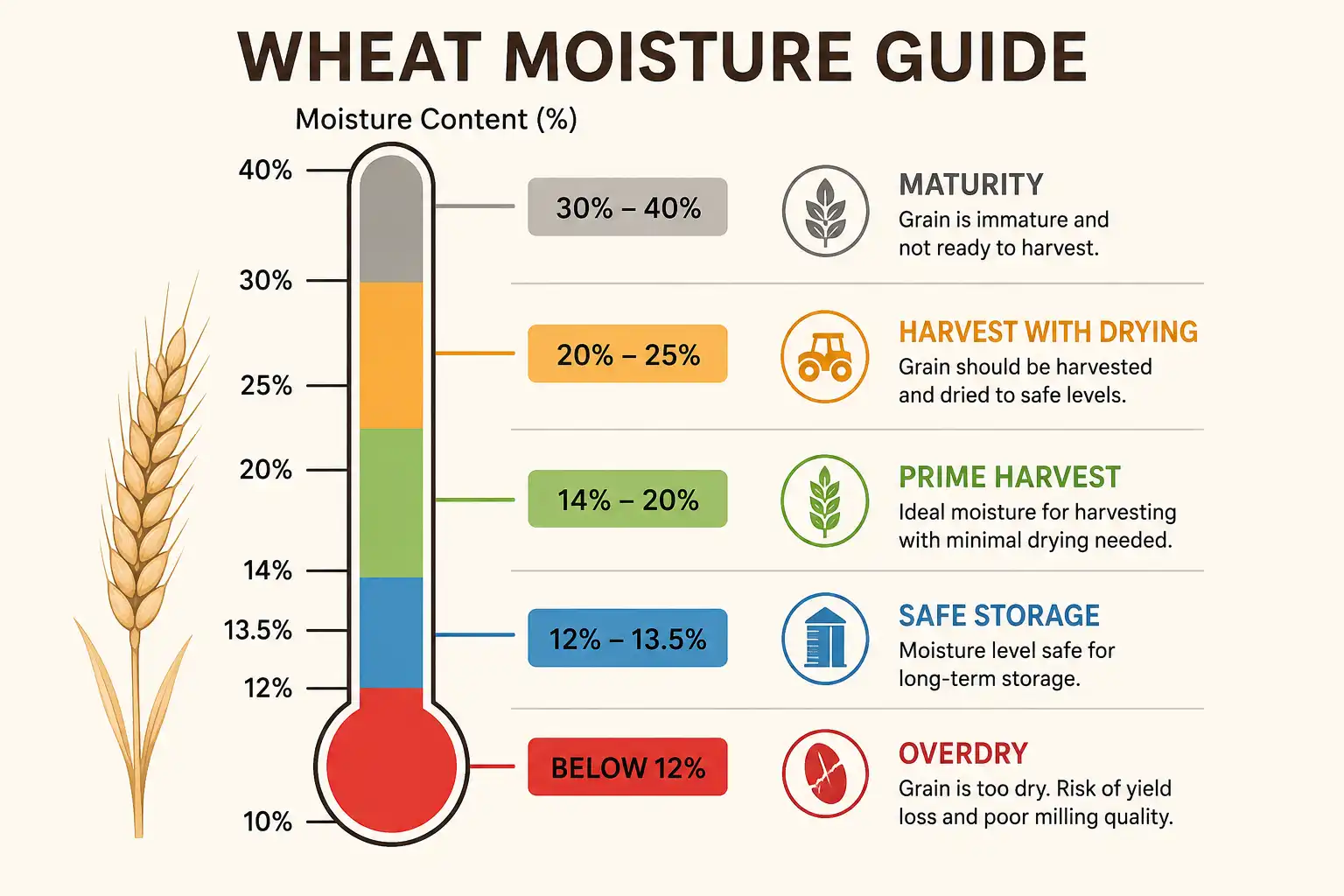 Moisture gauge of wheat maturing at 30 to 40 percent, cutting best between 14 and 20 percent, storing safely at 12 to 13.5 percent, and cracking below 12 percent.