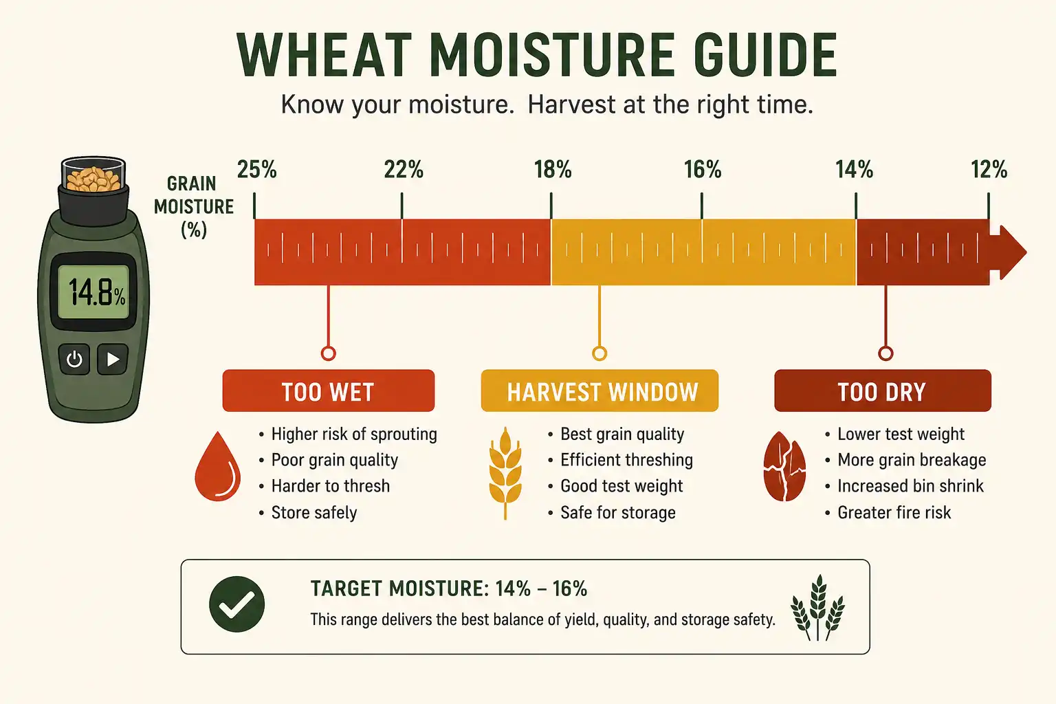 Wheat harvests best between 20 and 13 percent moisture, since wetter grain needs drying and grain under 14 percent cracks in the combine