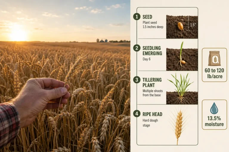 Wheat grows from seed drilled 1.5 inches deep into a firm seedbed, emerging in about six days, tillering through fall, then ripening to golden heads ready to cut near 13.5 percent moisture