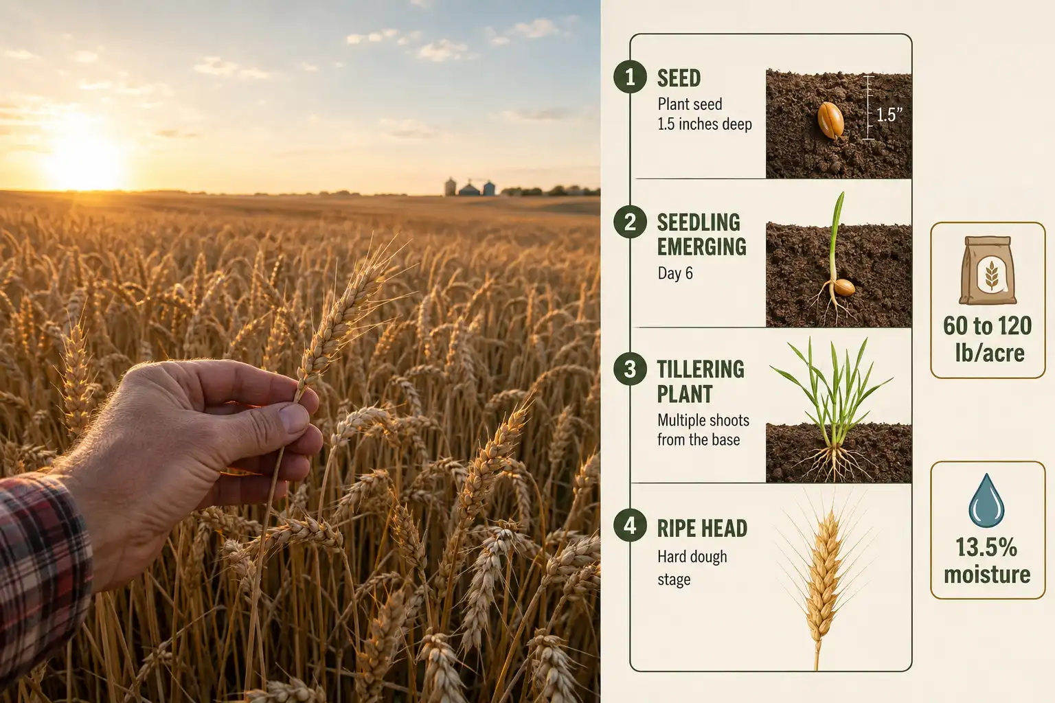 Wheat grows from seed drilled 1.5 inches deep into a firm seedbed, emerging in about six days, tillering through fall, then ripening to golden heads ready to cut near 13.5 percent moisture