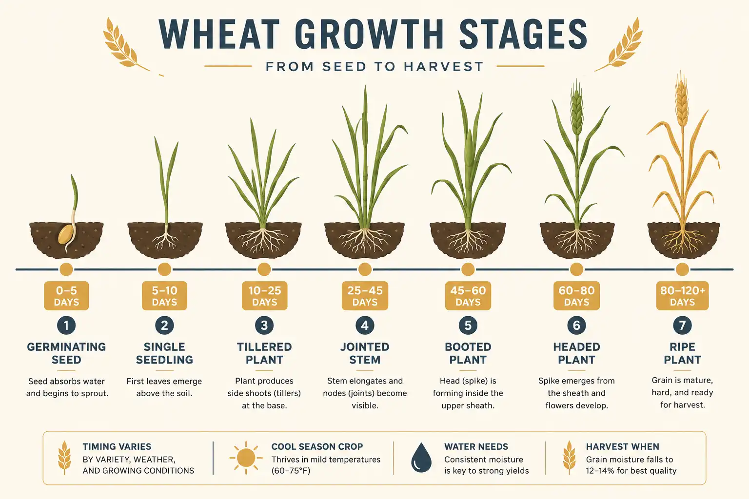 Wheat grown from seed germinates in one to five days, emerges by day seven, tillers through fall, joints and heads in spring, then fills grain for about 30 days before ripening