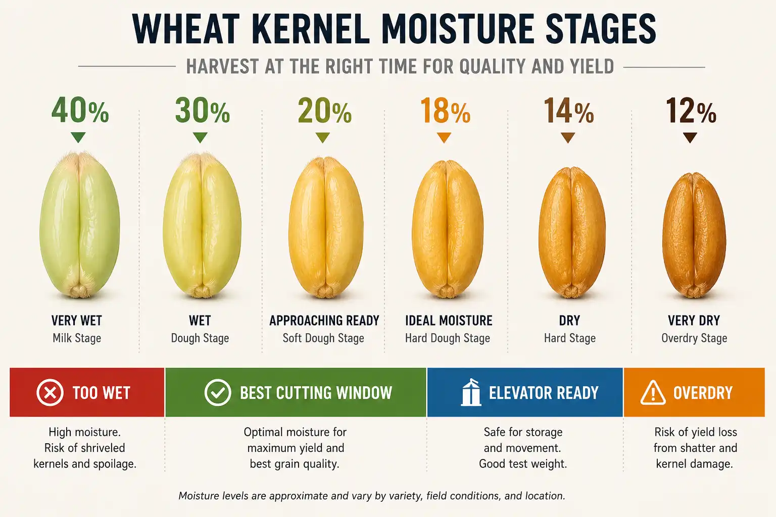 Wheat is physiologically mature near 40 percent moisture, combines cleanest between 18 and 20 percent, and sells on a 13.5 percent market base before turning overdry below 12 percent