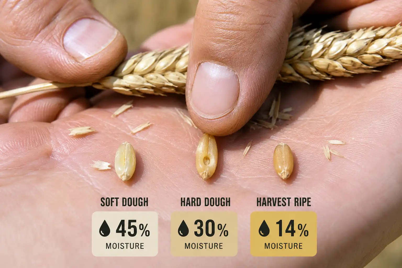 Farmer’s holding wheat kernels at soft dough, hard dough, and harvest ripe stages with a thumbnail dent marking hard dough near 30 percent moisture