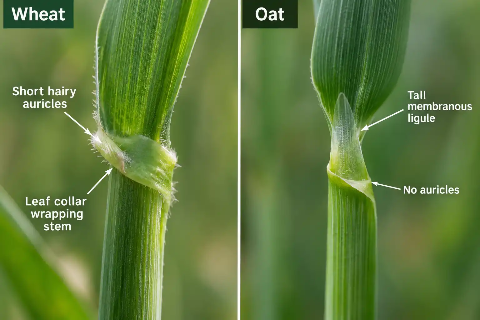 Wheat carries short hairy auricles at the leaf collar while oats have a tall membranous ligule and no auricles at all