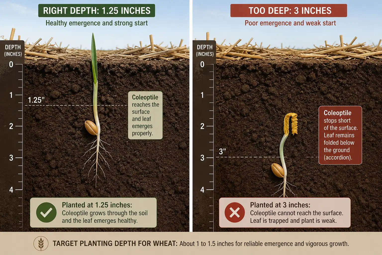 Seed placed just over an inch deep lets the coleoptile reach light, while seed at three inches leaves the first leaf folded and yellow below the surface