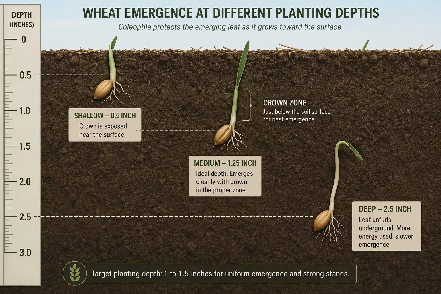 Soil cross section comparing wheat seed at half an inch, 1.25 inches, and 2.5 inches deep, showing the shallow crown at winter risk and the deep seed whose coleoptile cannot reach the surface