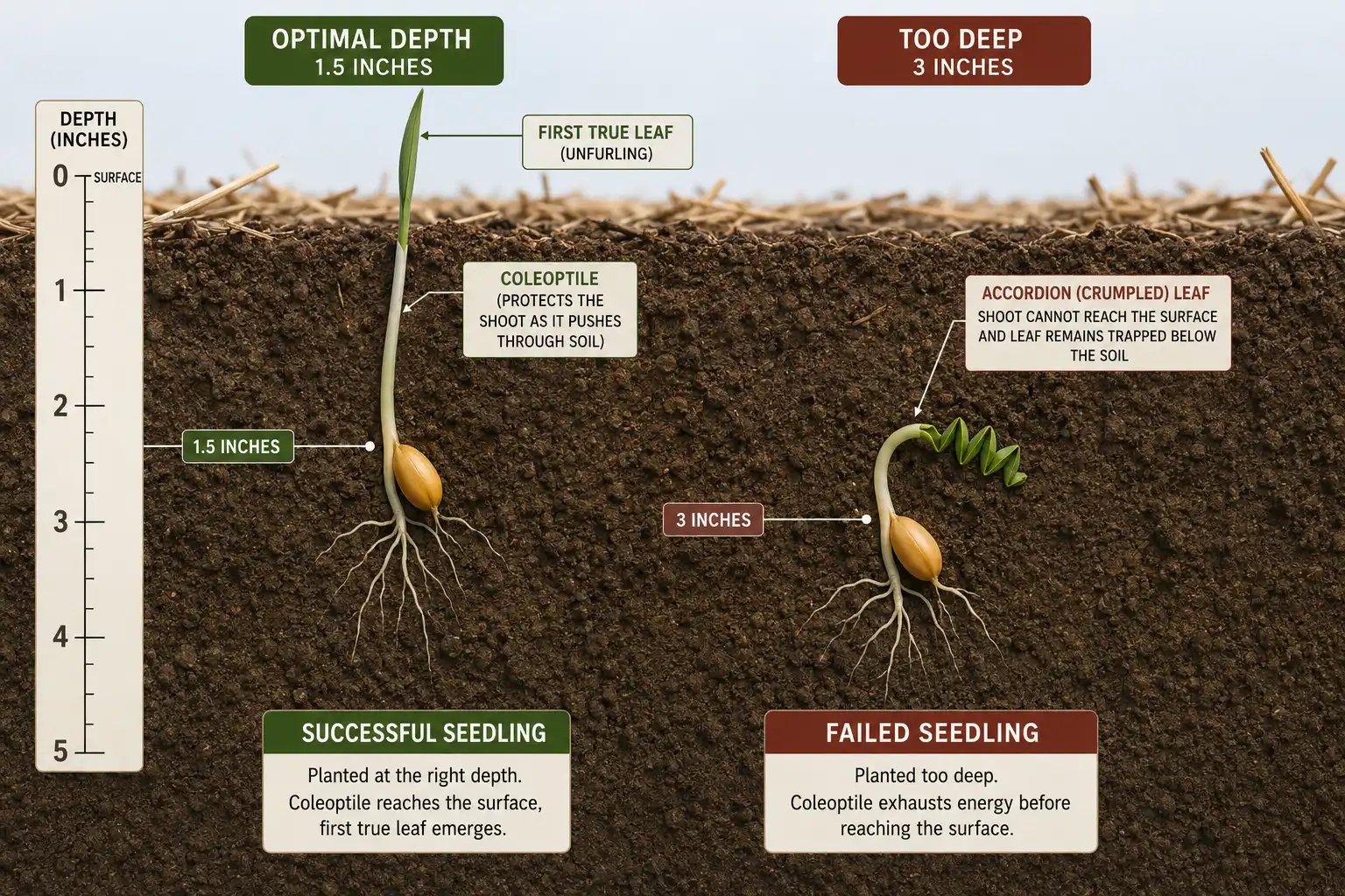 Wheat seed planted 1.5 inches deep lets the coleoptile reach the surface and unfurl the first leaf, while seed placed 3 inches deep runs out of coleoptile and leaves the leaf crumpled underground