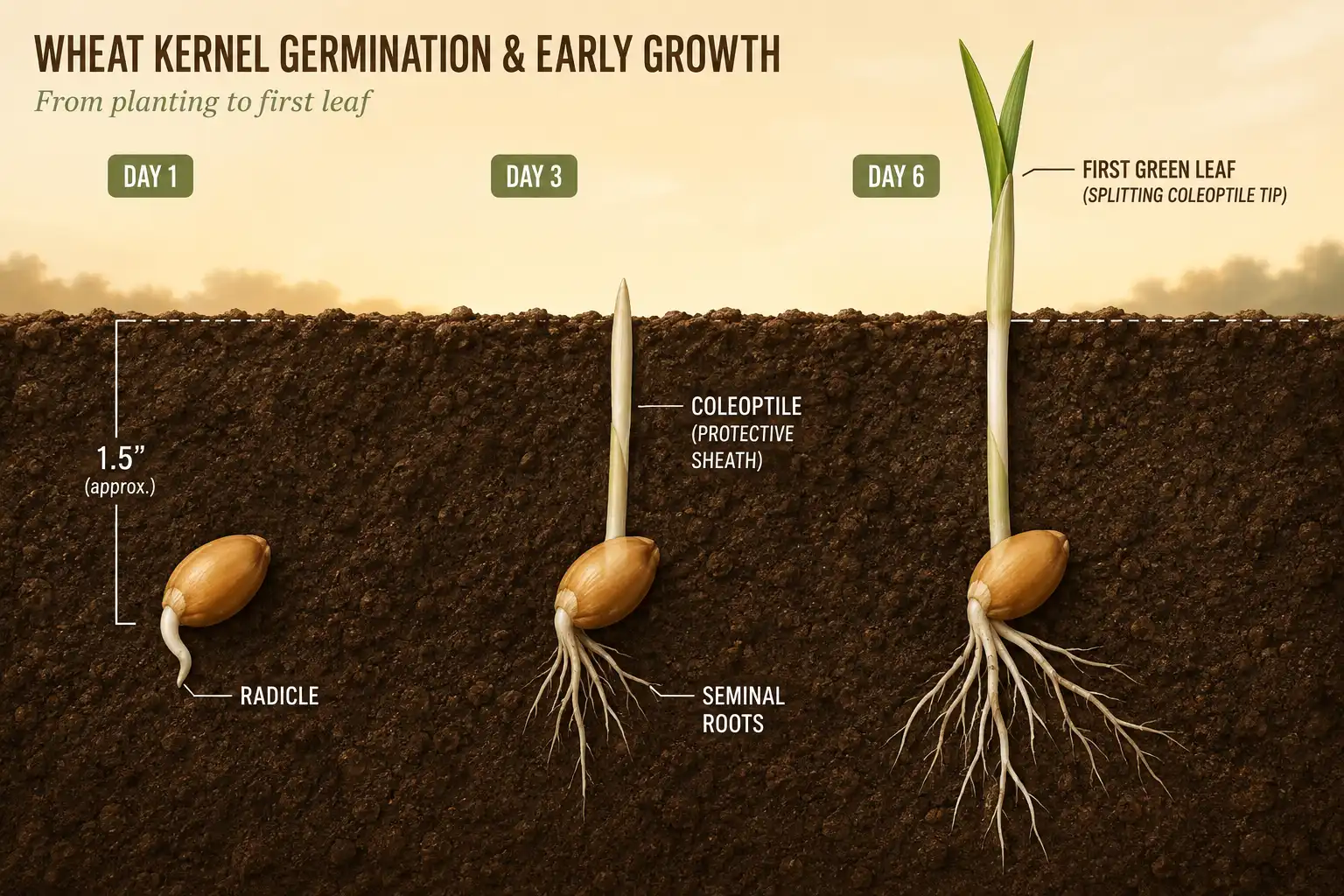 A wheat kernel absorbs water, pushes roots down on day one, and lifts a coleoptile to the surface by day six before the first leaf appears
