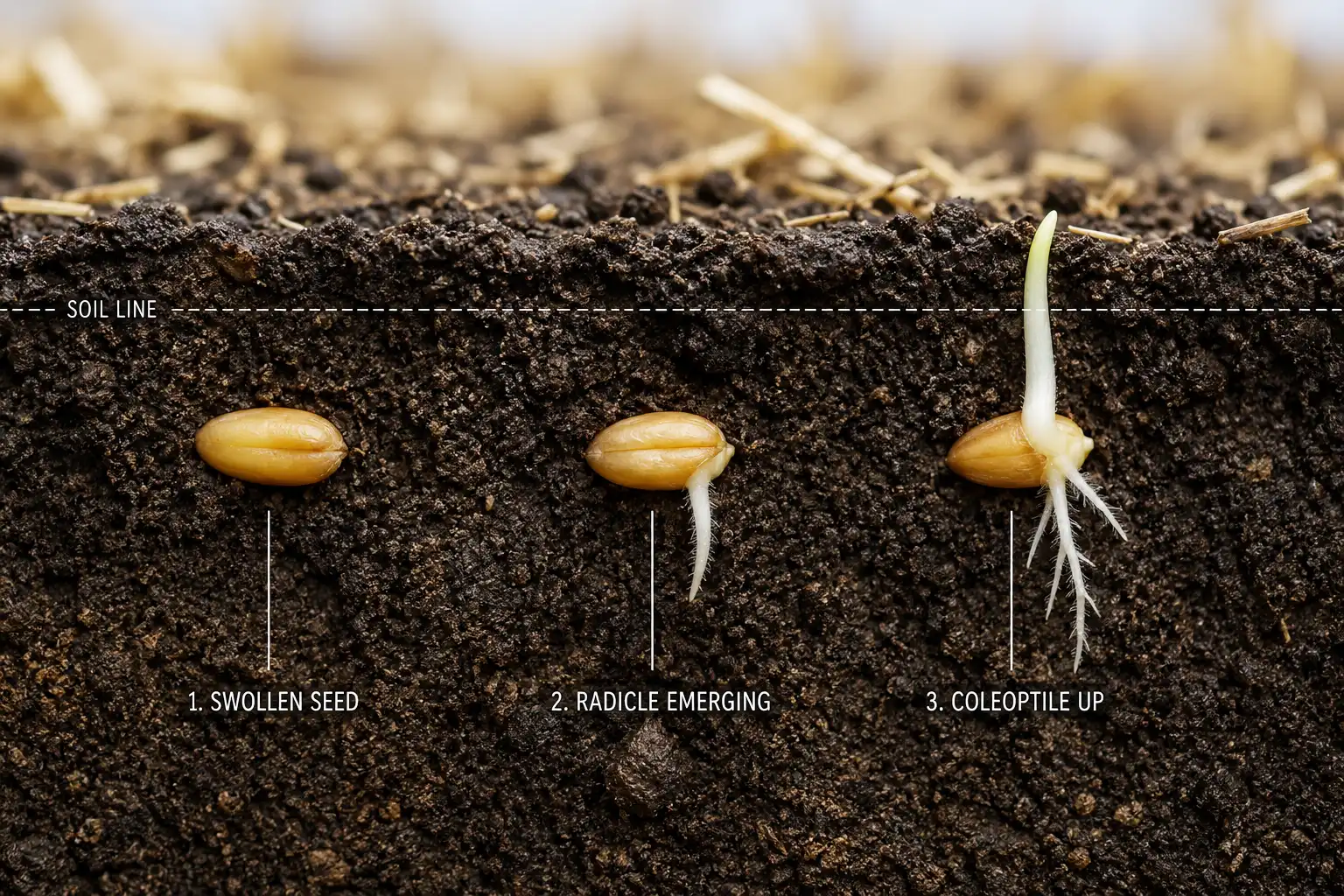Germination ends underground when the radicle breaks the seed coat, while emergence comes later when the coleoptile reaches the soil surface