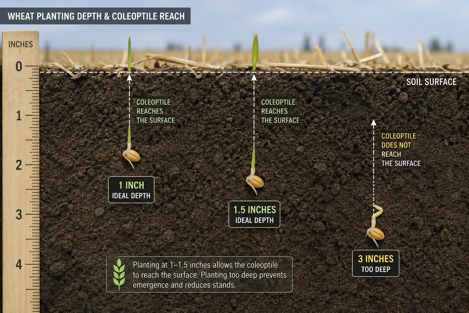 Seed placed deeper than the coleoptile can stretch never reaches daylight, so one to one and a half inches keeps the shoot within reach of the surface