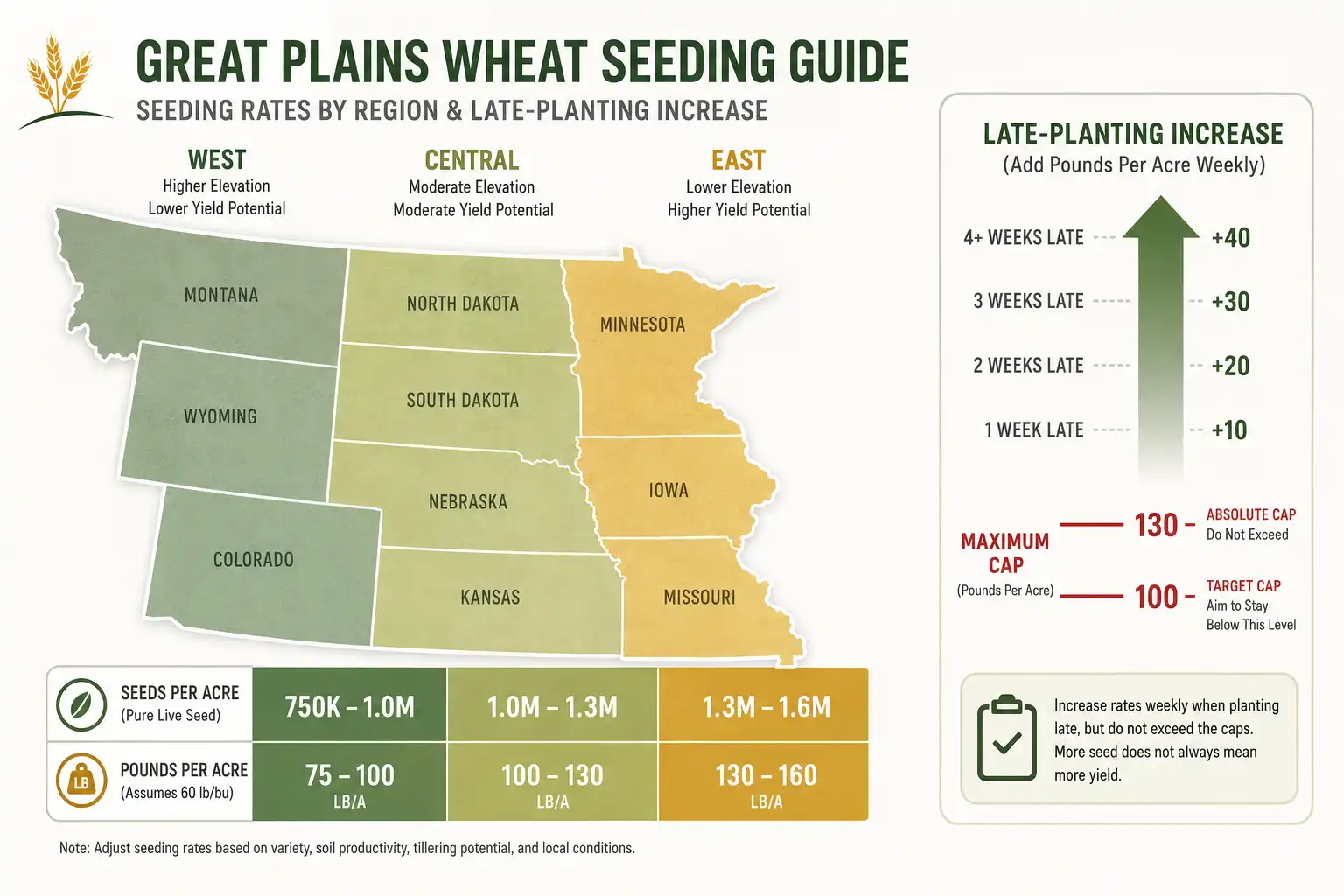Chart about wheat seeding rates rising from 600,000 seeds per acre in the western Plains to 1,125,000 in the east, with weekly late season increases and maximum pound per acre caps