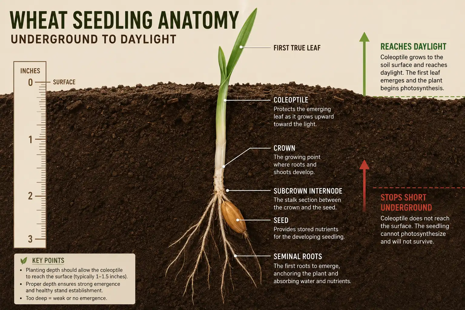 The coleoptile carries the wheat shoot to the surface and stops growing there, with the crown forming above the subcrown internode, shown in a labeled seedling cross section.
