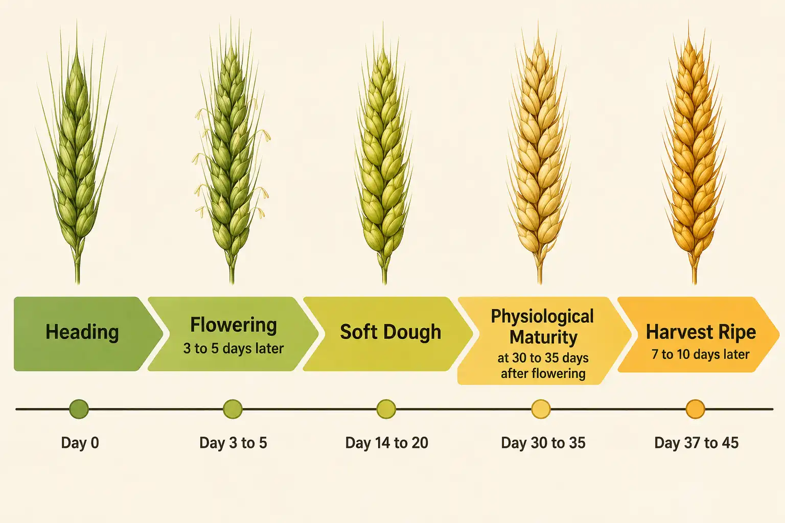 Timeline of wheat flowering 3 to 5 days after heading, reaching maturity 30 to 35 days later, and becoming harvest ripe another 7 to 10 days after that.