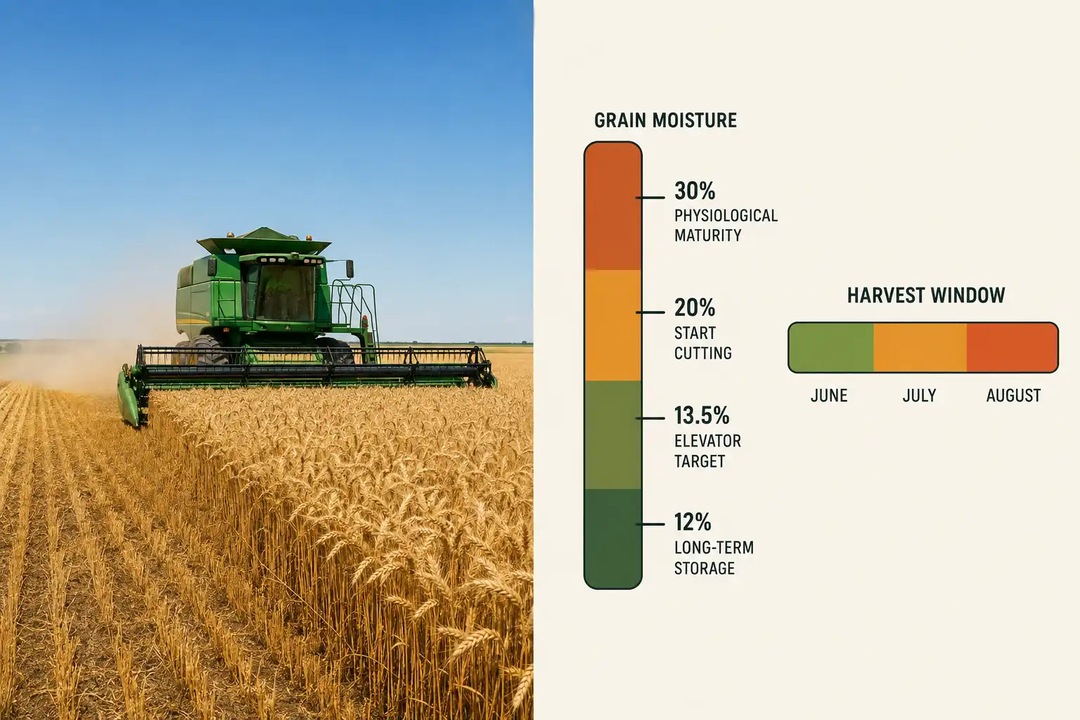 Combine cutting ripe golden wheat next to a chart showing grain moisture dropping from 30% at maturity to 20% at cutting and 12% for storage, with harvest spread across June, July, and August.