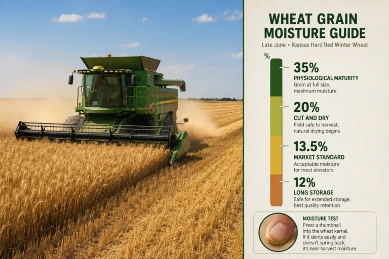 Combine cutting ripe Kansas wheat next to a scale marking 35 percent moisture at maturity, 20 percent for cut and dry, 13.5 percent market standard, and 12 percent for long storage