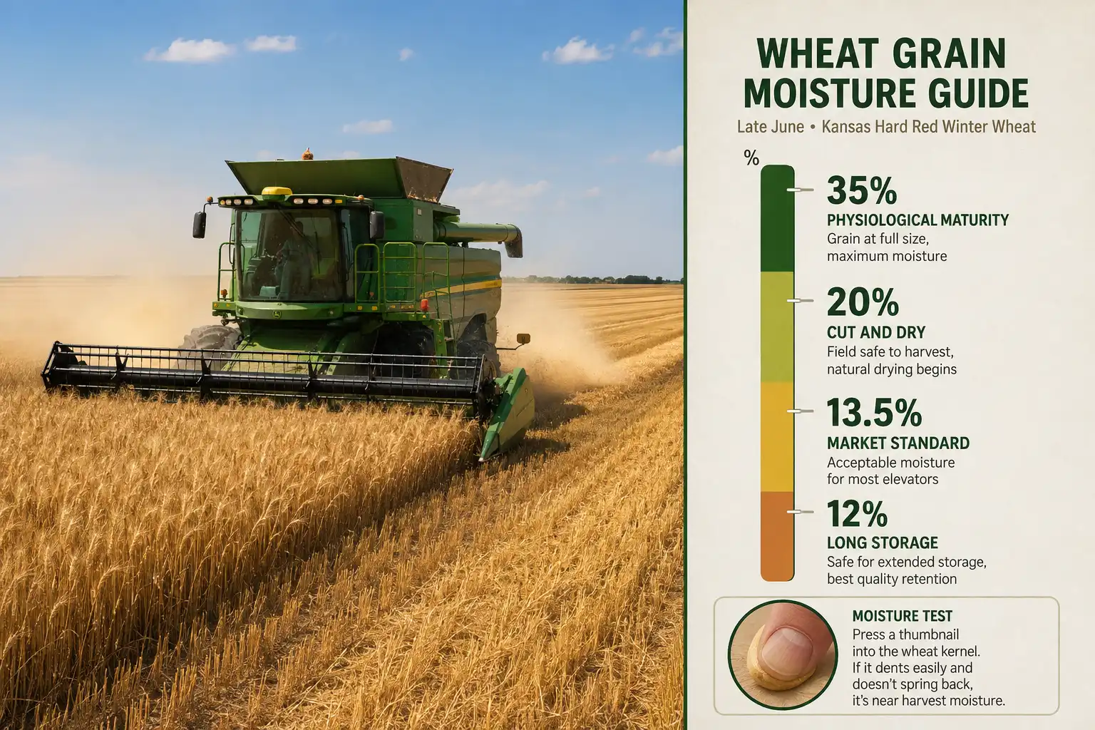 Combine cutting ripe Kansas wheat next to a scale marking 35 percent moisture at maturity, 20 percent for cut and dry, 13.5 percent market standard, and 12 percent for long storage