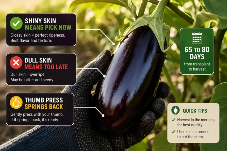 Glossy purple eggplant on the plant at 65 to 80 days from transplant, with skin shine and a springy thumb press marked as the two ripeness checks