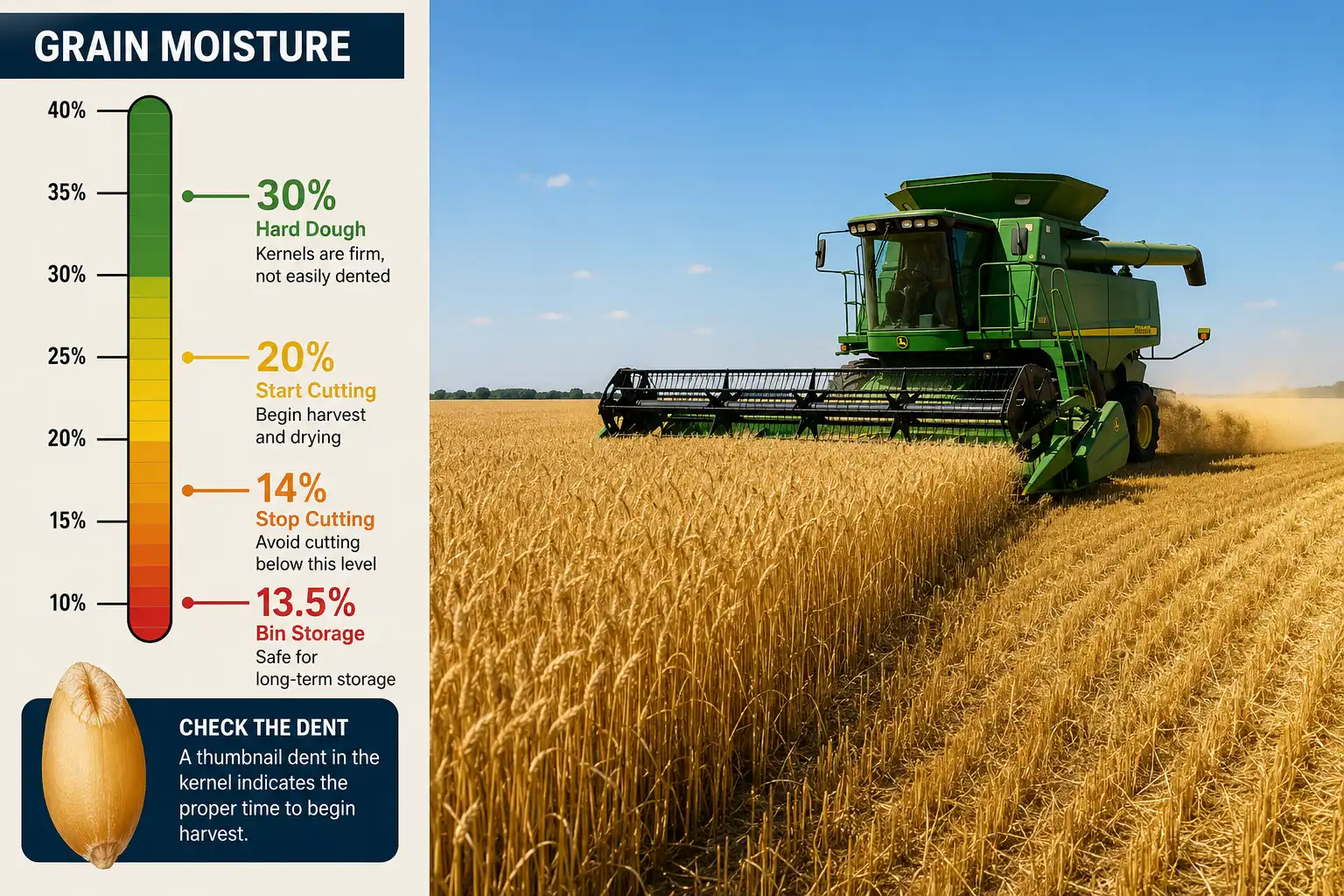 Spring wheat is fit to cut between 20 percent and 14 percent grain moisture, after hard dough near 30 percent, and stores safely at 13.5 percent.