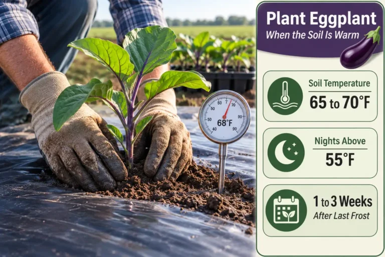 Eggplant goes in 1 to 3 weeks after last frost, once soil holds 65 to 70 degrees and nights stay above 55 degrees