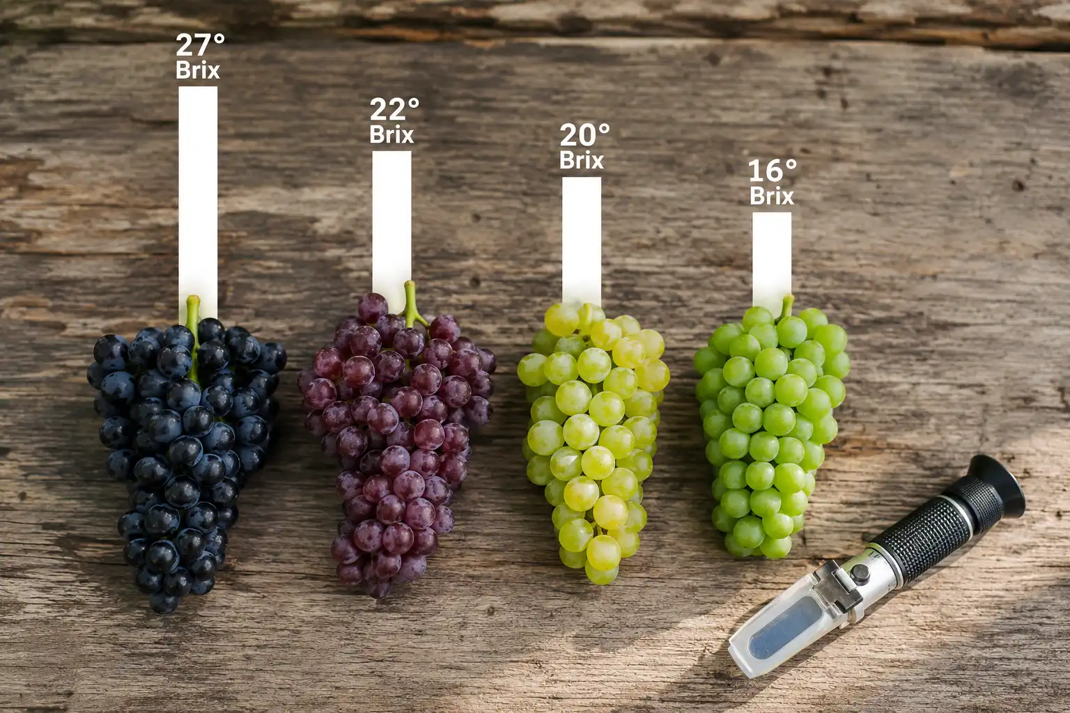 Candy Dreams grapes reach 26 to 28 Brix, ahead of Candy Snaps at 20 to 23, Cotton Candy at 18 to 22, and Thompson Seedless near 16