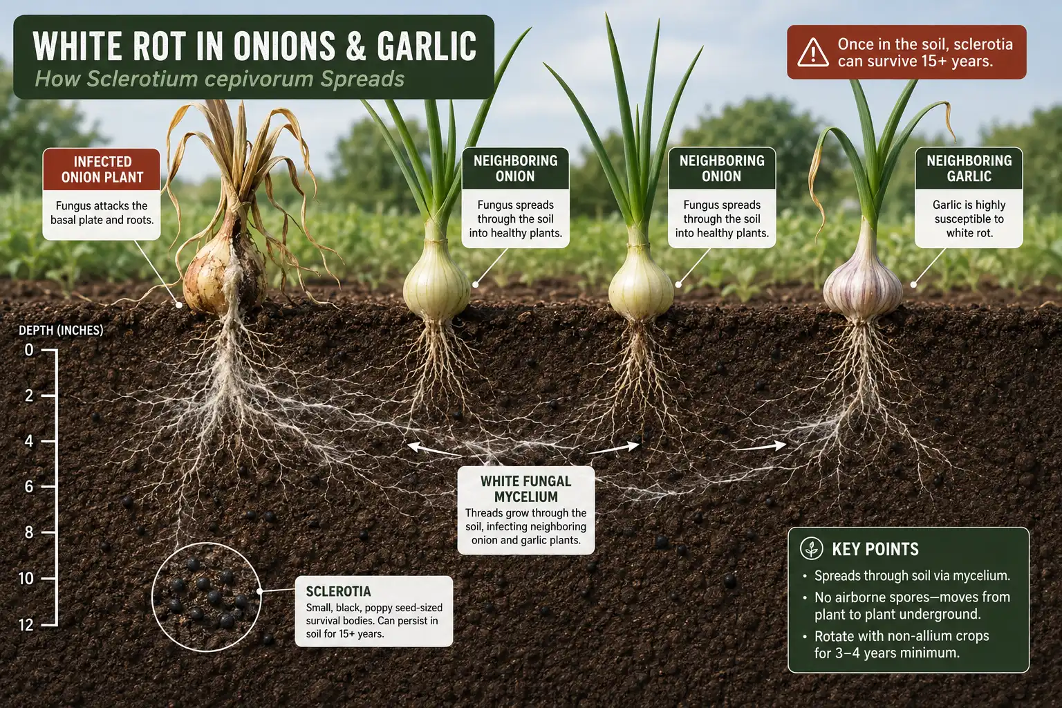 White rot travels through soil from one allium plant into its neighbors, which is why garlic and leeks do not belong beside onions on infested ground