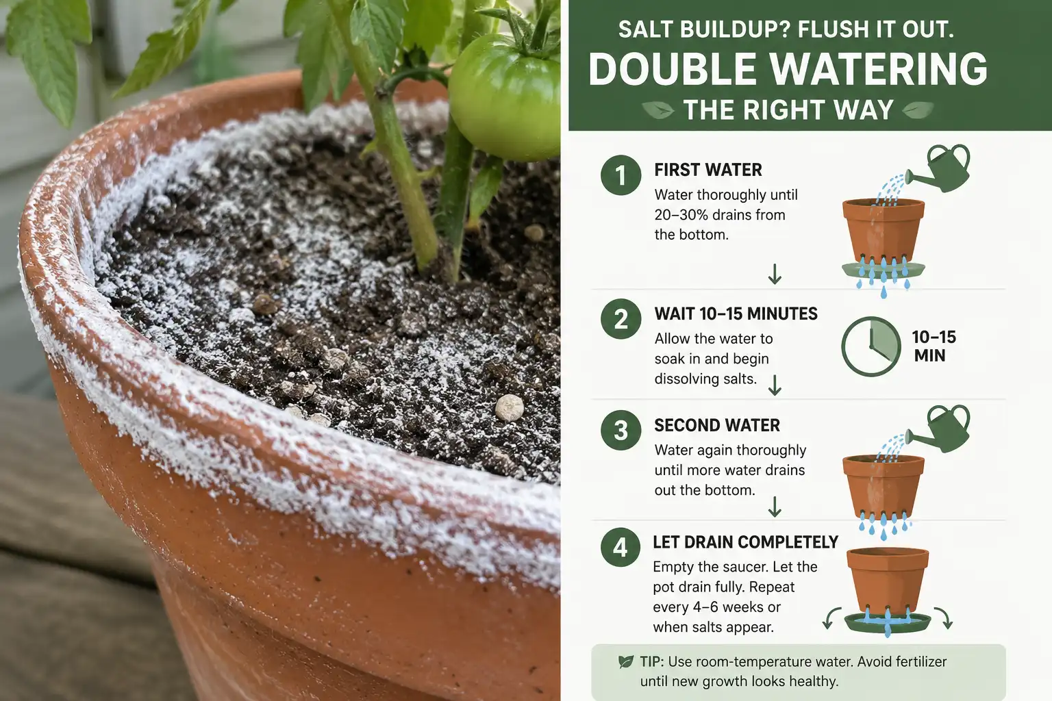 Scrape the crust and top inch of mix, water until it drains, wait ten minutes, then water again with equal volume to carry salts out the bottom