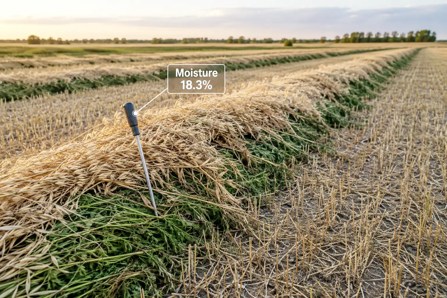 Oat hay cures faster in wide windrows spread over tall stubble, and probing the windrow before baling shows whether the bottom material is still too wet.