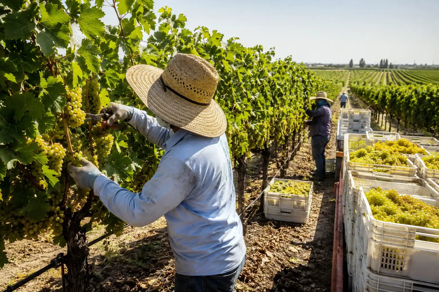 Workers hand harvesting cotton candy grapes in a California vineyard during the mid August to late September season