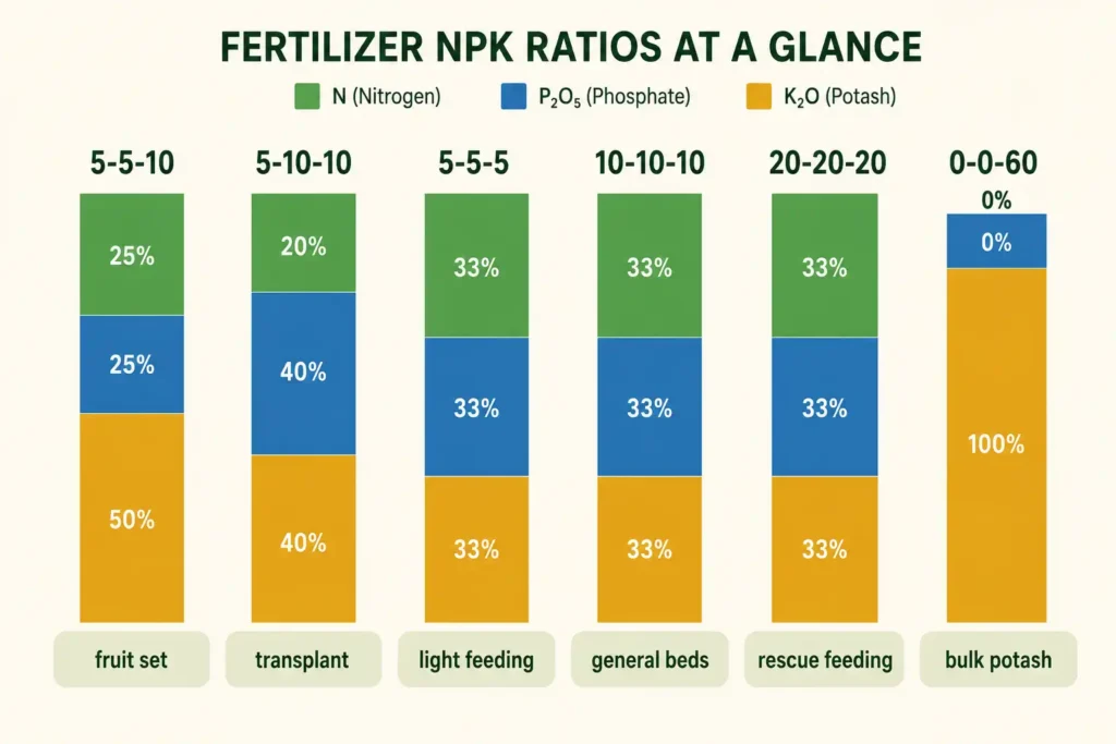 Comparison of 5-5-10 against 5-10-10, 5-5-5, 10-10-10, 20-20-20, and 0-0-60, showing 5-5-10 carries double potash for fruit set while 0-0-60 supplies bulk potassium only.