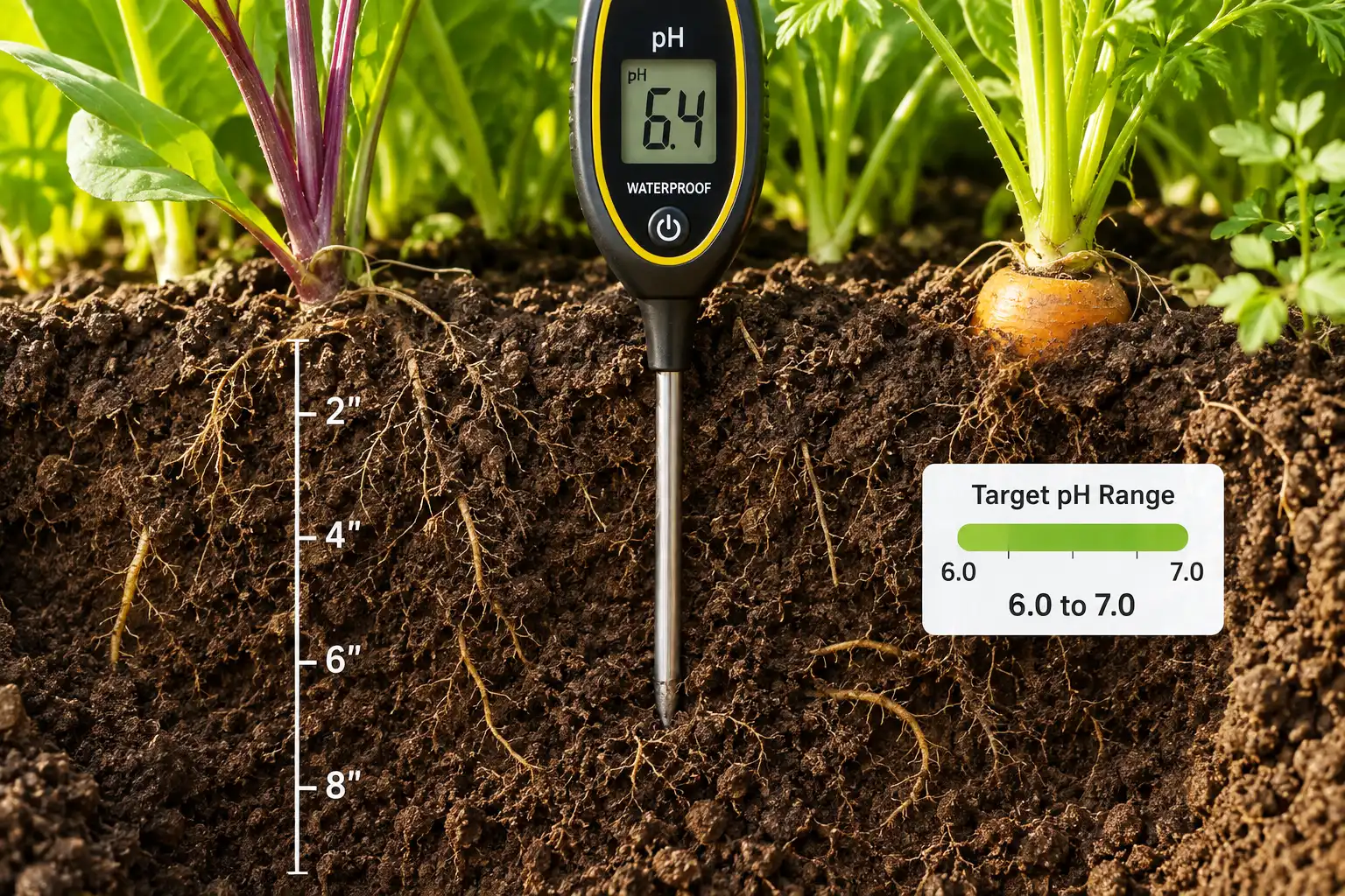 Soil pH readings come from the feeder root zone, so push the probe 4 to 6 inches down where vegetable roots actually take up nutrients.