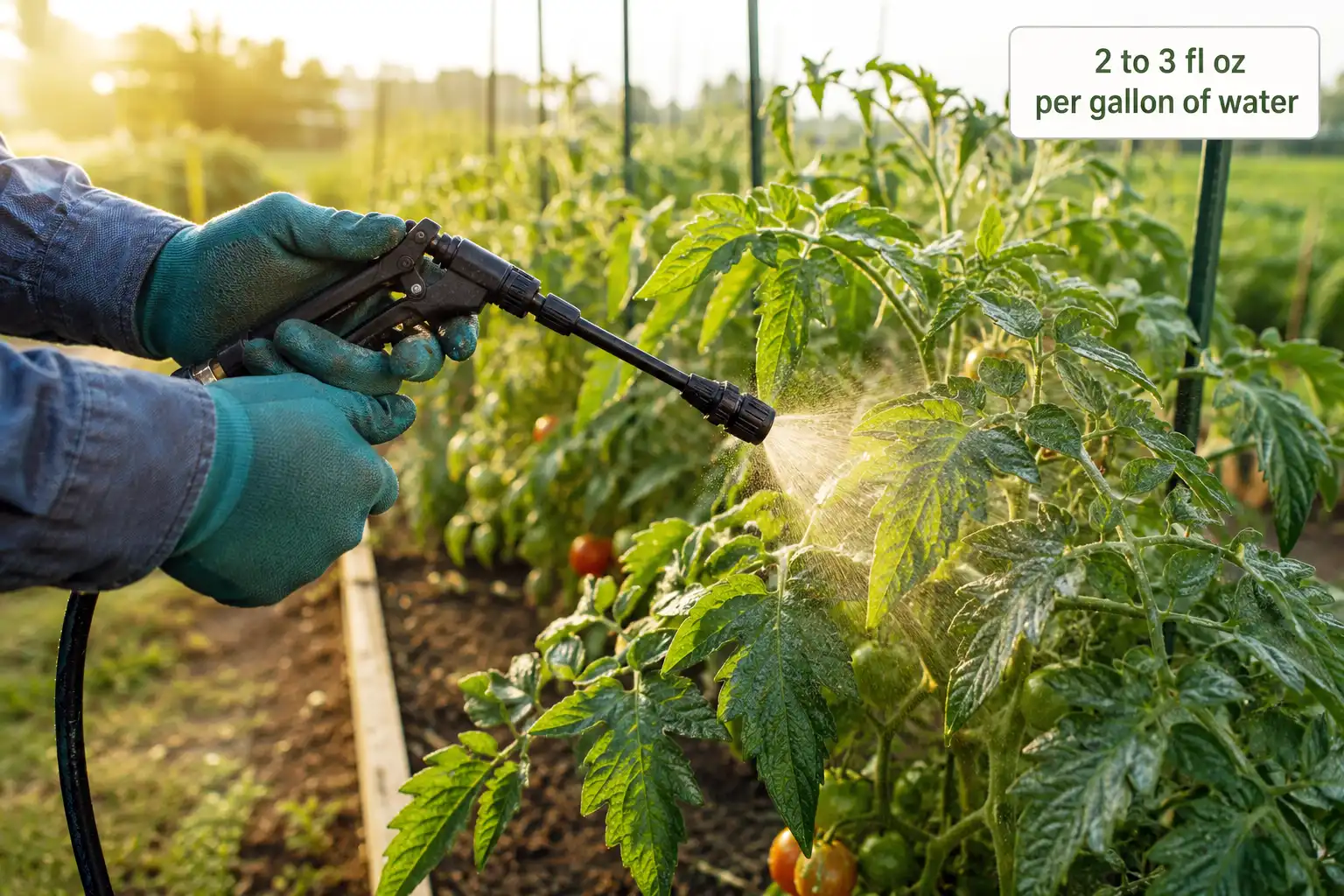 A fine mist of diluted 5-5-10 applied to the underside of tomato leaves at sunrise, mixed at two to three fluid ounces per gallon of water.
