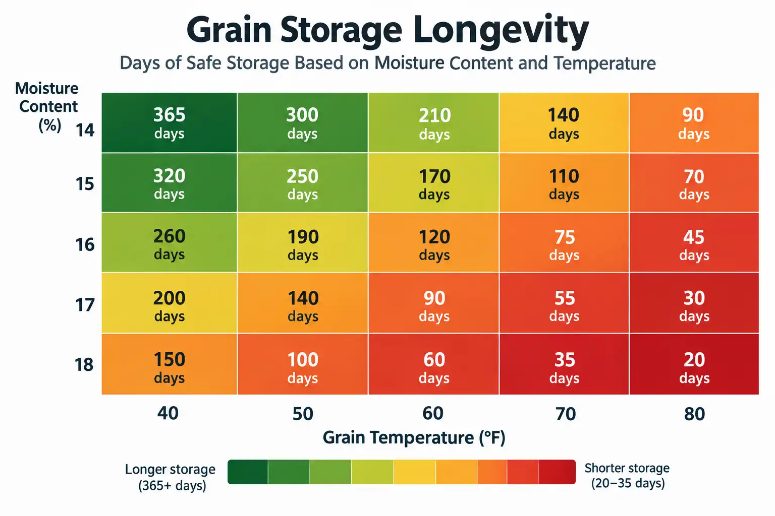 Grain at sixteen percent moisture keeps about two hundred thirty days at fifty degrees but only forty days at eighty degrees.
