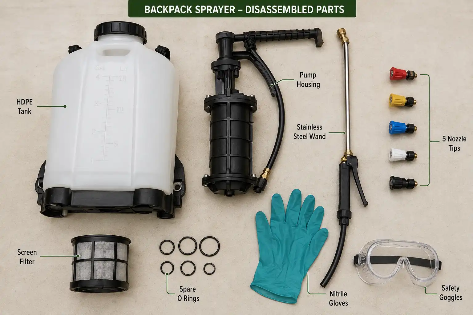 The parts that decide coverage on a battery backpack sprayer are the tank, pump, wand, nozzle set, filter, and strap system, shown labeled with basic protective gear.