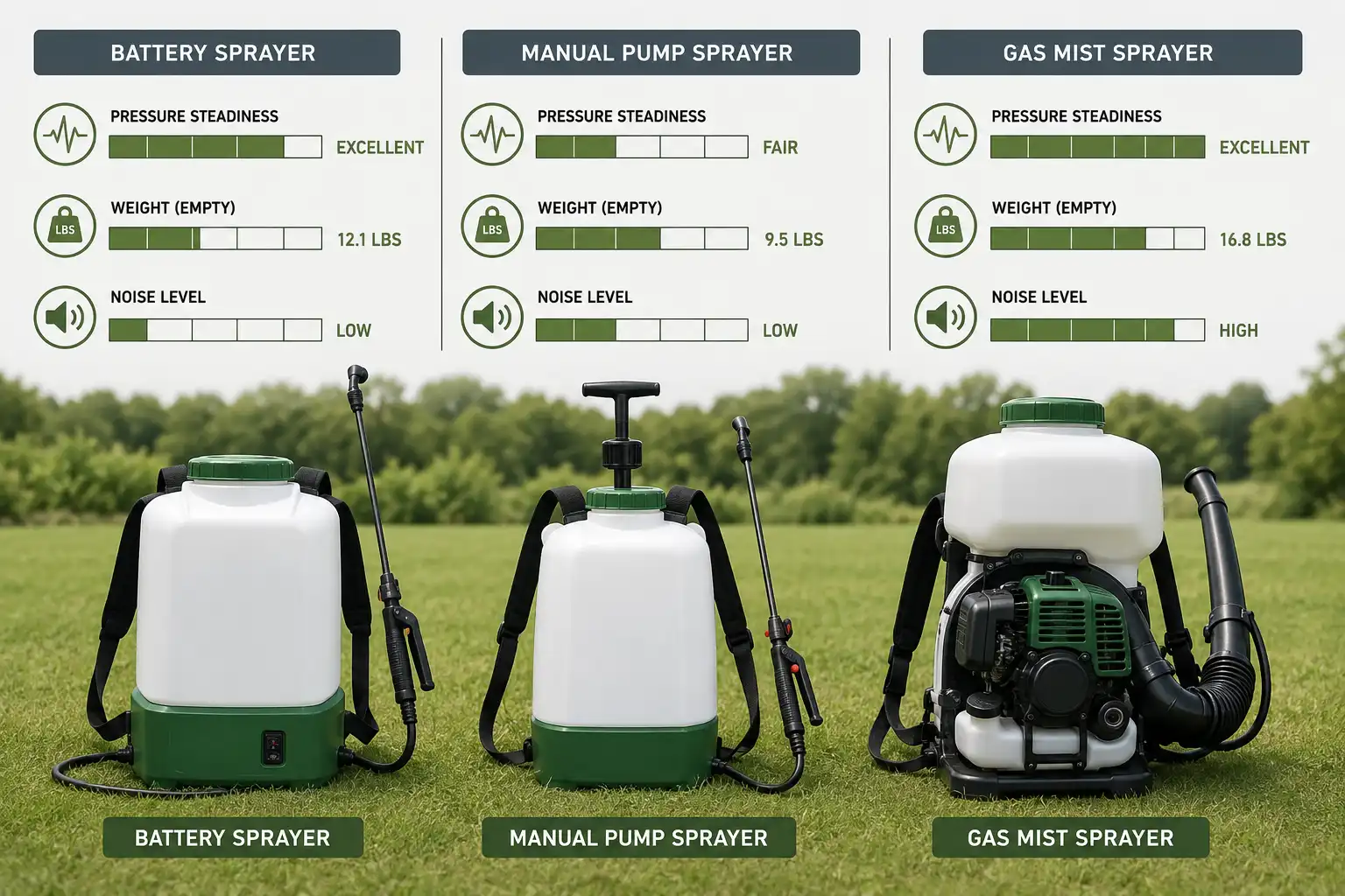 Battery backpack sprayers hold a set pressure, manual units lose pressure as the operator tires, and gas units deliver the most output for the most weight and noise.