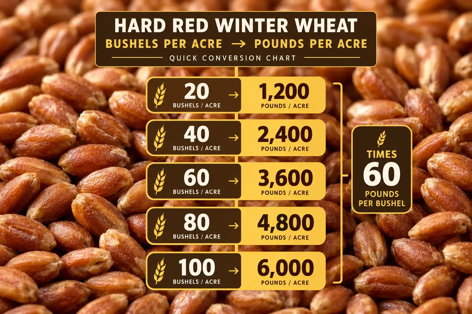 Each wheat bushel counts as 60 pounds, so 20 bushels per acre equals 1,200 pounds and 100 bushels equals 6,000 pounds