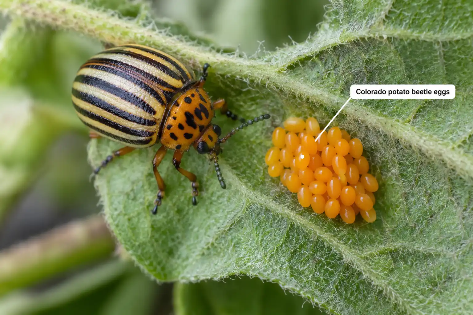 Eggplant shares the Colorado potato beetle with potato and tomato, shown here as an adult beetle and orange eggs under a leaf.