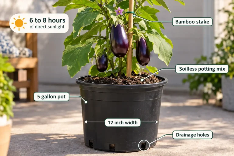 Eggplant grows in a pot when given a five gallon container at least twelve inches wide with drainage holes, soilless potting mix, a stake, and six to eight hours of direct sun.