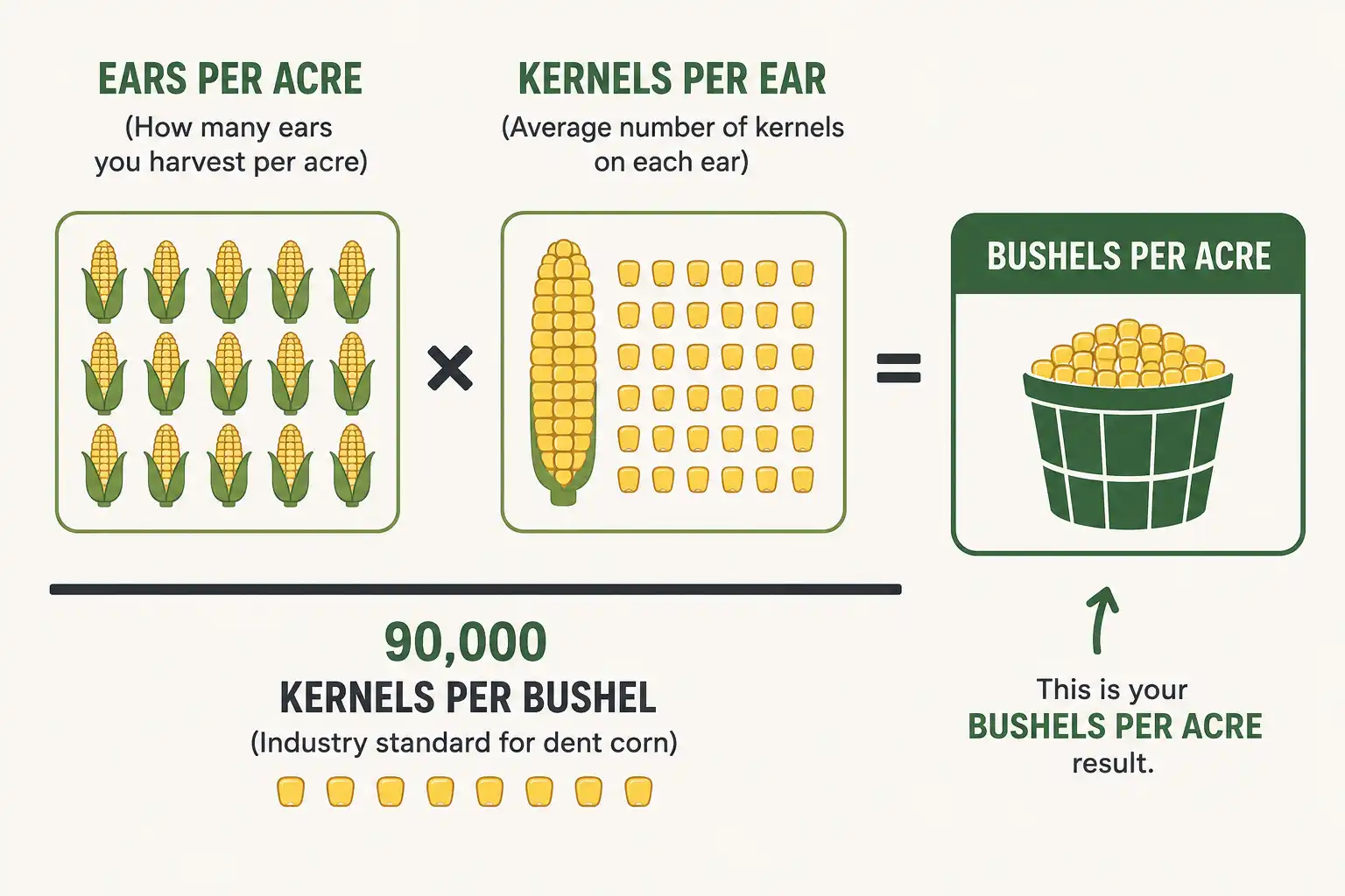 Multiply ears per acre by kernels per ear, then divide by 90,000 kernels per bushel to estimate bushels per acre.