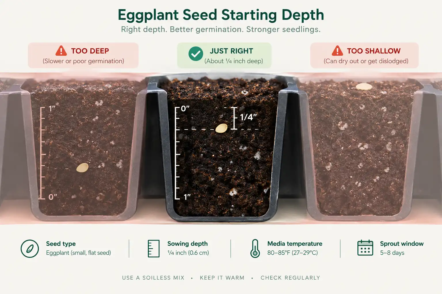 Eggplant seed goes about a quarter inch deep, which is two to three times its diameter, since deeper seed exhausts itself and surface seed dries out.