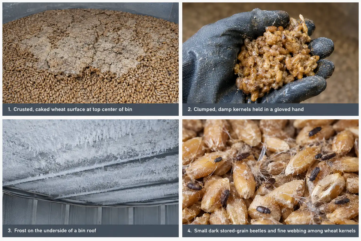 A crusted top center, clumped damp kernels, roof frost, and live beetles are the four signs that stored wheat is going out of condition.