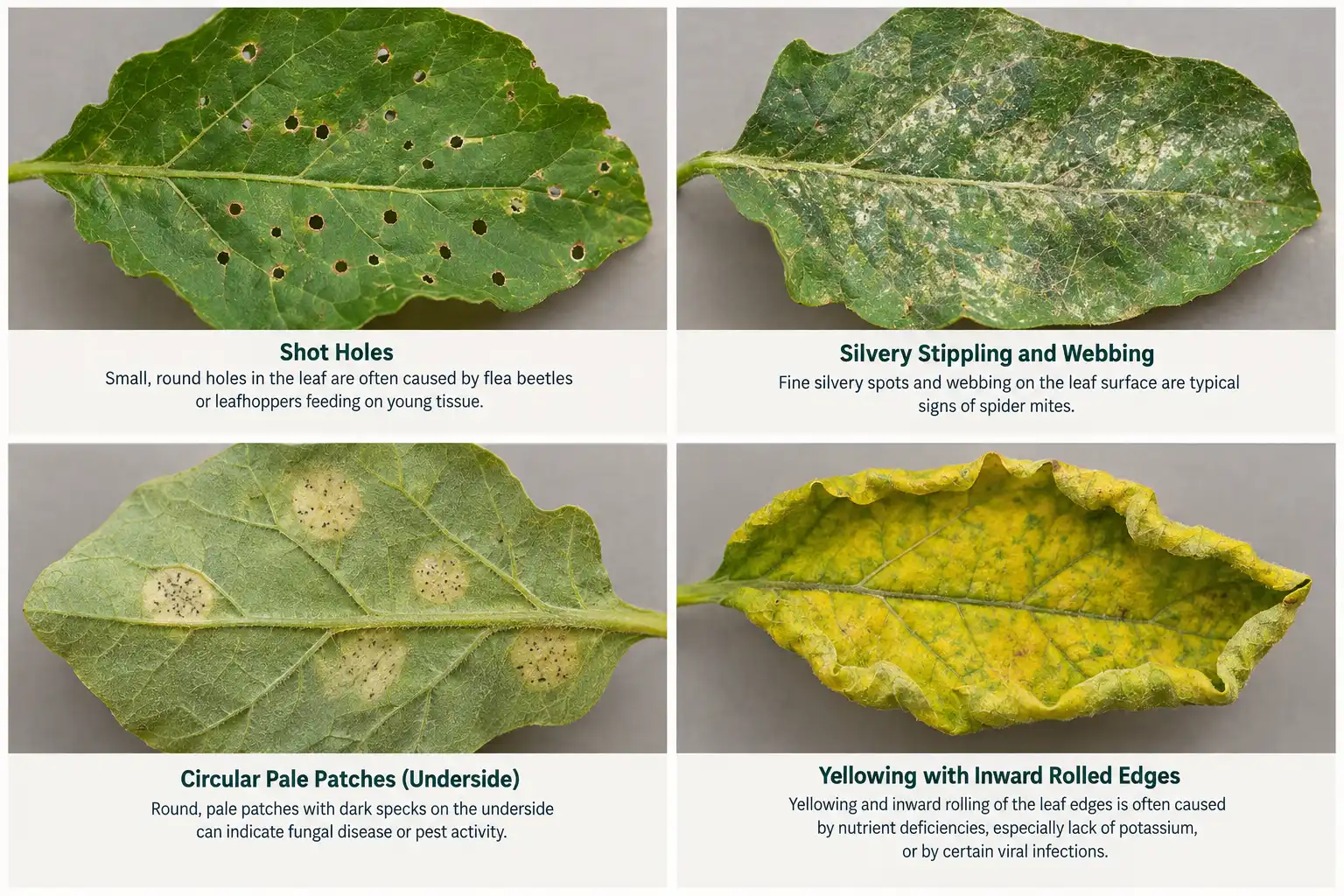 Eggplant leaf damage reads by pattern: round shot holes from flea beetles, silvery stippling from mites, pale patches from lace bugs, and yellow rolled edges from Verticillium wilt.