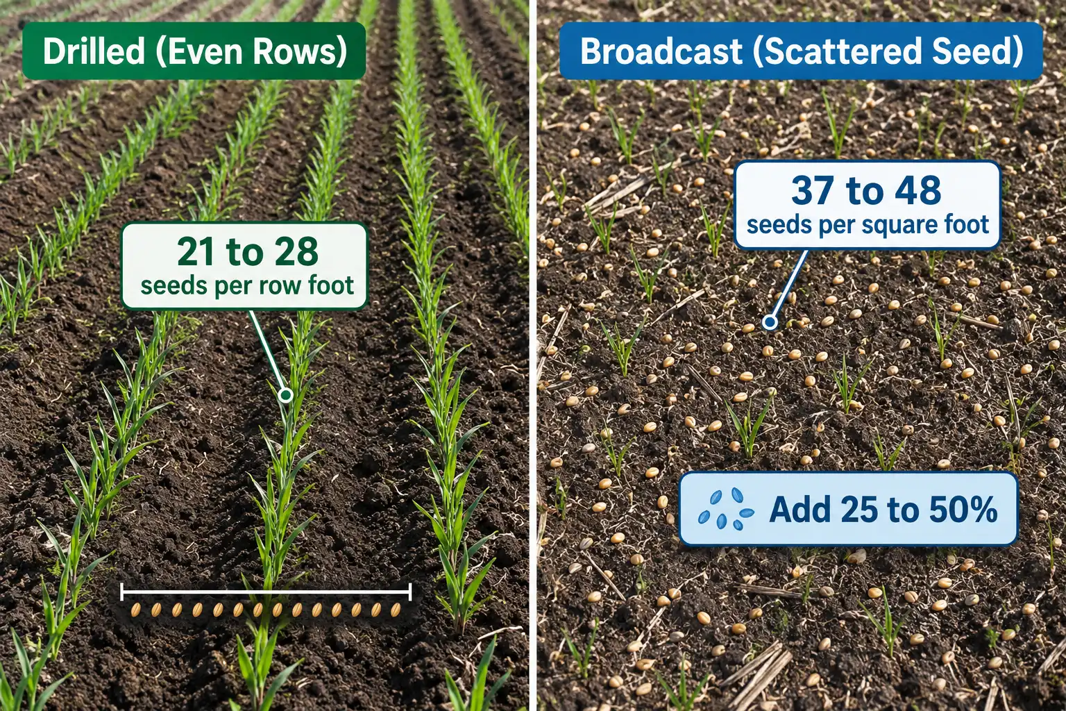 Drilled wheat needs 21 to 28 seeds per row foot while broadcast seeding needs 25 to 50 percent more seed for the same stand