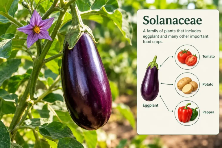 Eggplant is a nightshade in the Solanaceae family, shown on the plant next to its close relatives tomato, potato, and pepper.