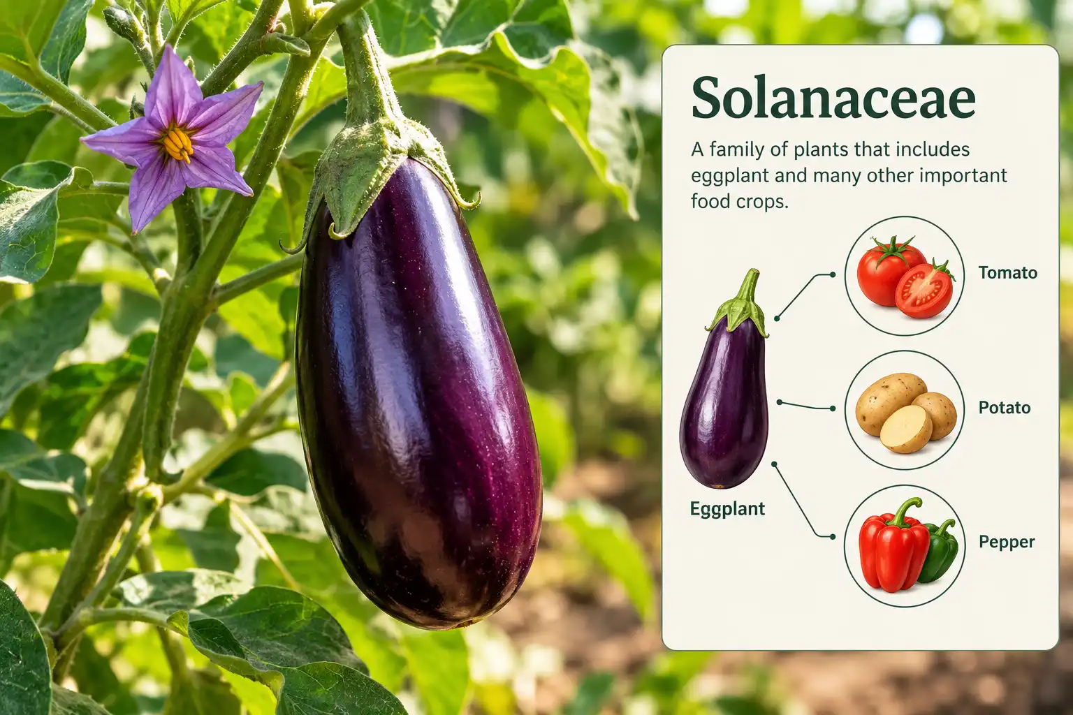 Eggplant is a nightshade in the Solanaceae family, shown on the plant next to its close relatives tomato, potato, and pepper.