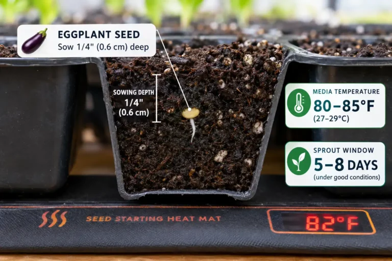 Eggplant seeds germinate when sown a quarter inch deep in moist soilless mix held at 80 to 85 degrees Fahrenheit, sprouting in five to eight days.