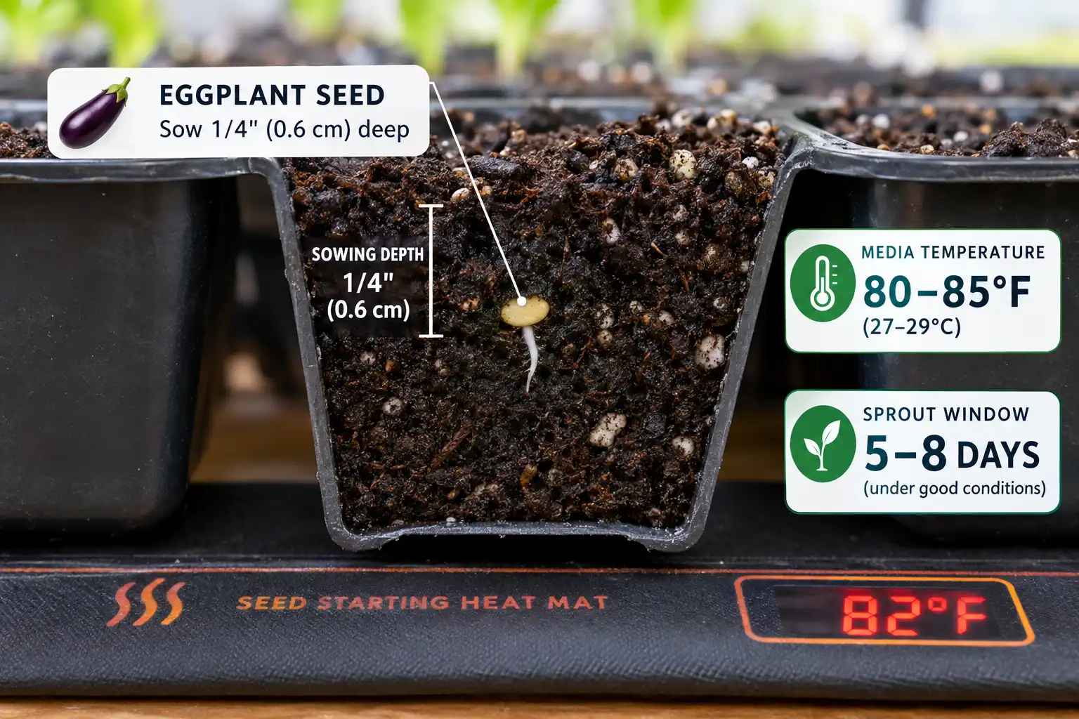 Eggplant seeds germinate when sown a quarter inch deep in moist soilless mix held at 80 to 85 degrees Fahrenheit, sprouting in five to eight days.