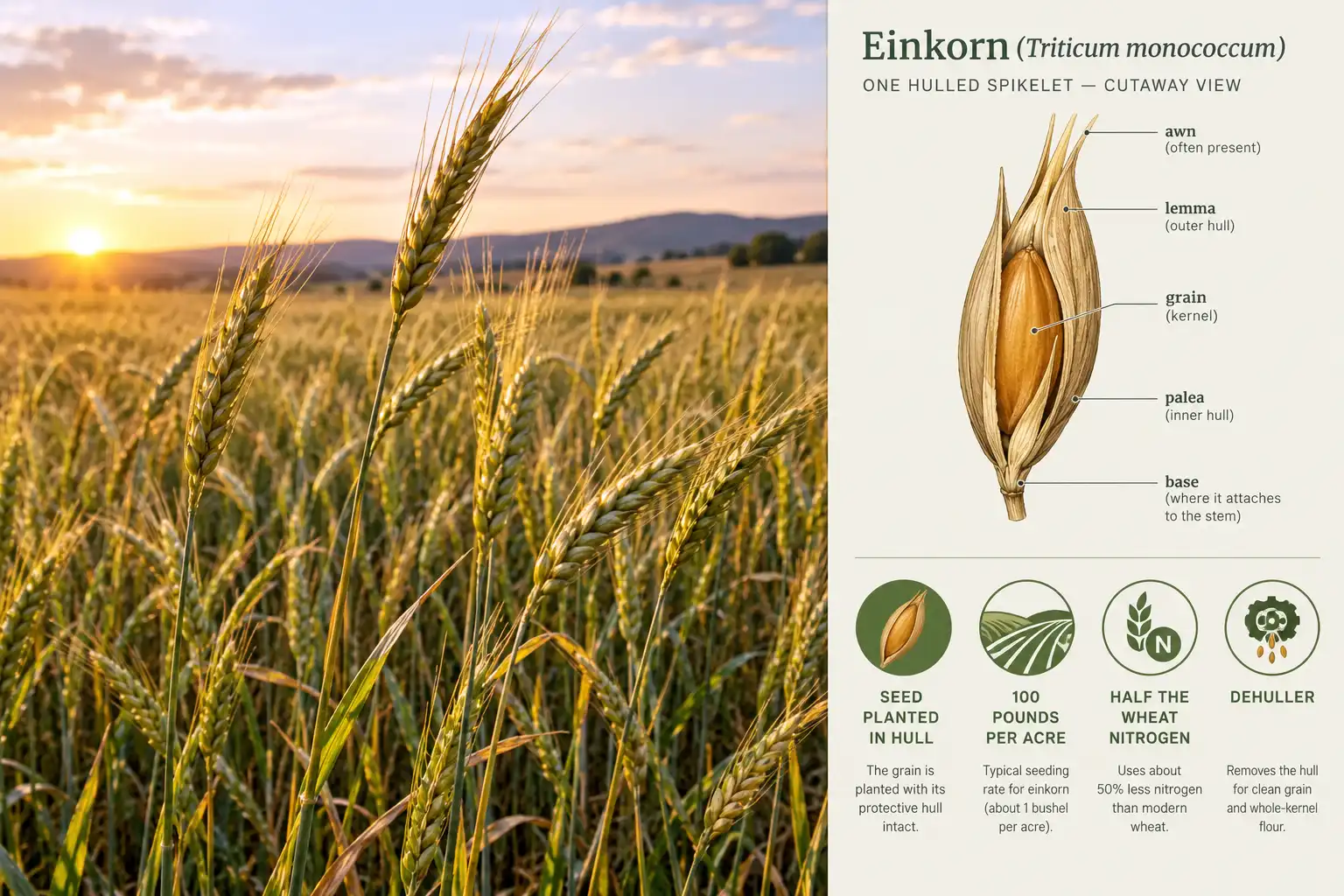 Einkorn grows from seed left inside the hull, seeded near 100 pounds per acre at reduced nitrogen, then dehulled after harvest to recover food grade kernels.